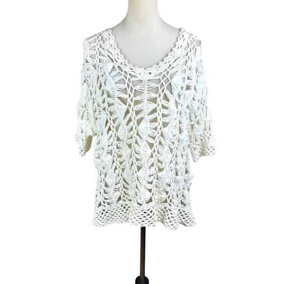 Chico's Womens Cream White Open Knit Short Sleeve Scoop Neck Sweater Top - Picture 1 of 13
